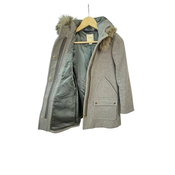 J.Crew Wool Blend Coat with Faux Fur‎ Hood Gray Winter Outerwear Sz Petite 00